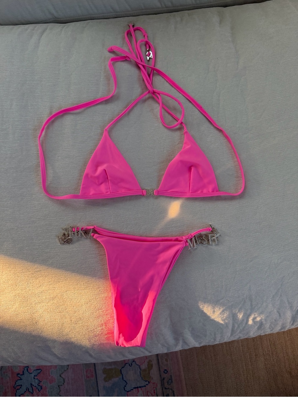 Hot Pink Triangle Bikini Set with Letter Chain Accents